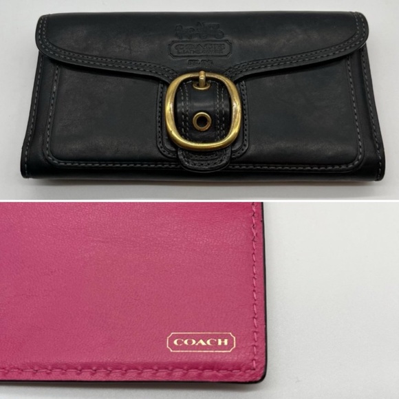 Coach black leather bifold wallet pink interior plaid brass buckle card holder - Picture 1 of 15